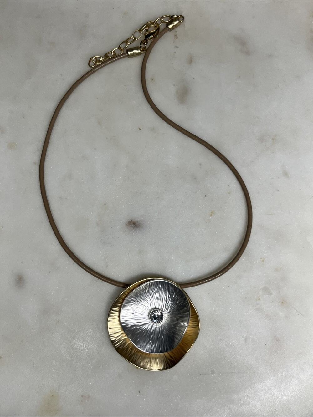 Flower Pendant Necklace Gold Silver Two Tone Poppy Sculptural Floral Rhinestone